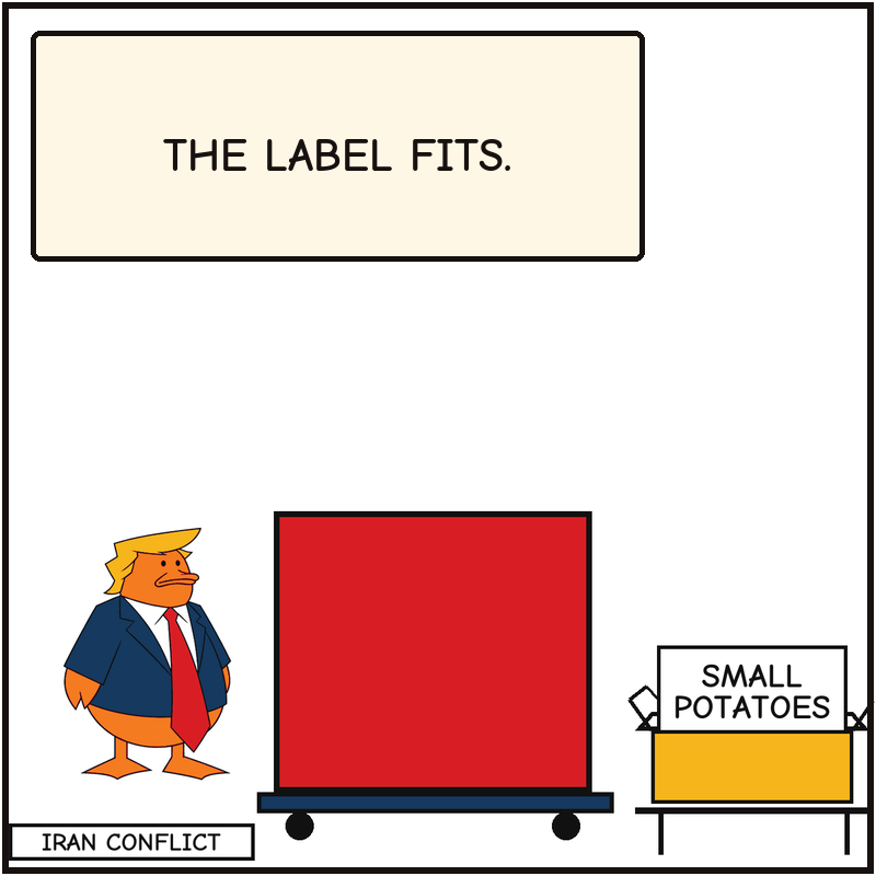 Only the Small Potatoes label sits inside the small box; the huge block remains outside beside Donald.