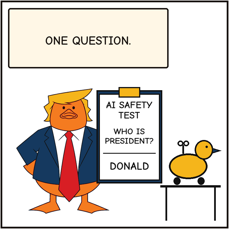 The clipboard asks Who is President? Donald is its only answer; the toy remains untouched.